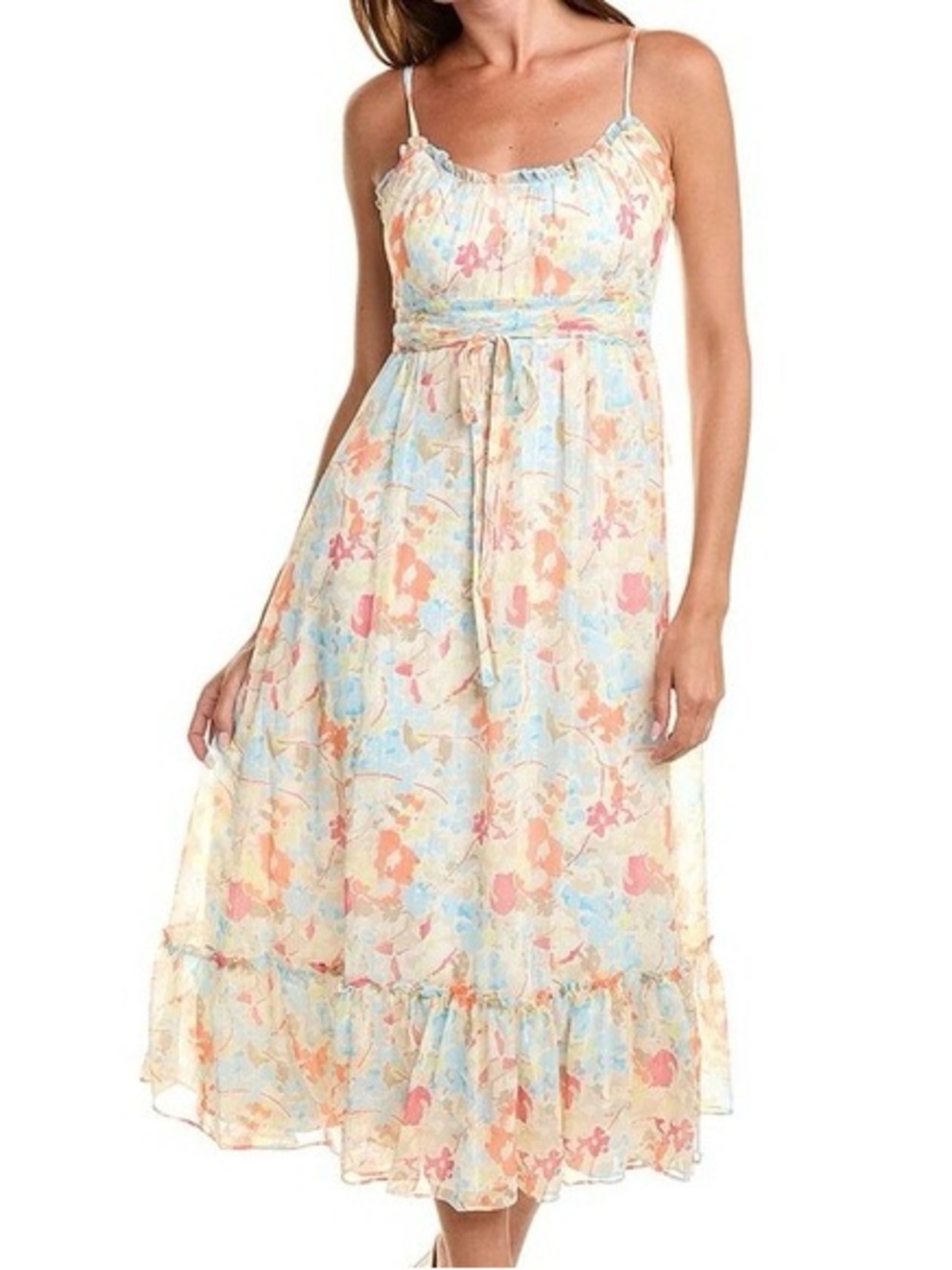 Likely Cream Floral Spaghetti-Strap Midi Dress with Pastel Print
